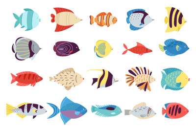 Exotic fish set. Creatures colourful, fishes sea or tropical ocean lif