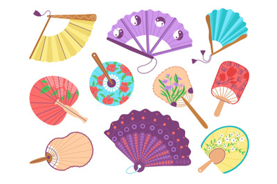 Flat asian fans. Elegant fan japan style, oriental traditional decorat