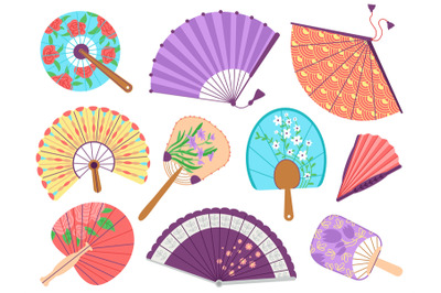 Handheld fan set. Japan yellow fans, asian souvenir collection. Colorf