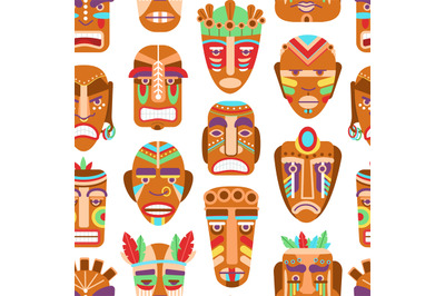 African mask background. Wood tiki hawaiian masks seamless pattern. Et