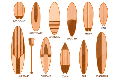 Surfing board sizes. Wood surfboard, differences size of swimming spor