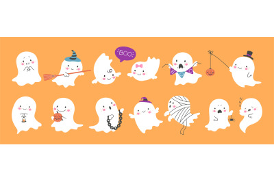 Cute ghost. Happy halloween ghosts characters, spooky expression creat