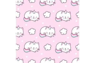 Cat unicorn seamless pattern. Unicorns kitty pastel characters, textil