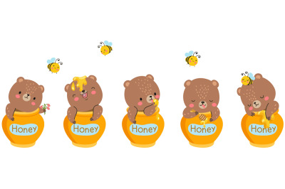 Bear in honey jar. Kids cute teddy bears friend, sweet cartoon forest