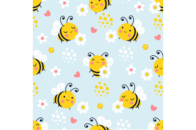 Bee seamless pattern. Bees flying, daisy meadow and insect pretty fabr