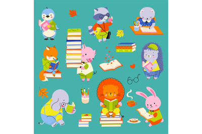 Animal reading and study. Cute cartoon elephant&2C; bunny and lion read b