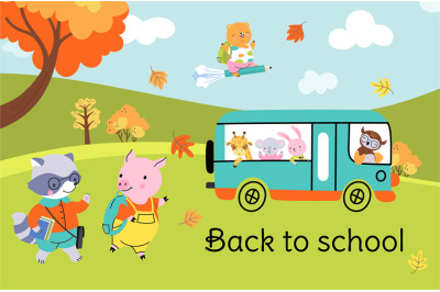 Animal back to school poster. Cute cartoon animals with backpack and b