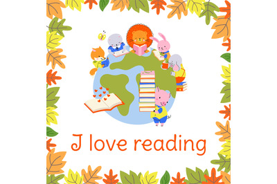 Reading time background. Books day poster with earth and cute animals