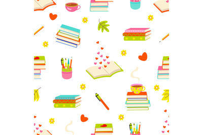 Cartoon book and cozy things seamless pattern. Hot drink, stationery a