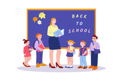 Students and teacher. Smiling child on recess at chalkboard, children