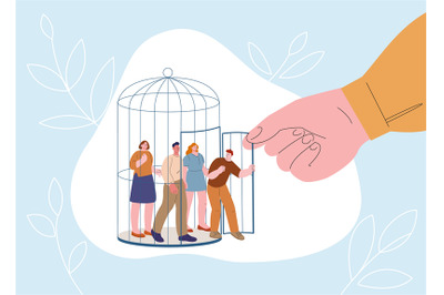 People freedom concept. Crowd exit from cage, giant hand opened door f