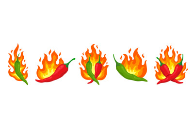 Hot pepper labels. Chilli peppers sticker, flaming eating sauce. Menu