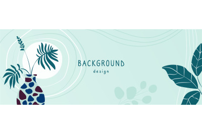 Decorative plants banner with abstract shapes and lines. Palm leaves i