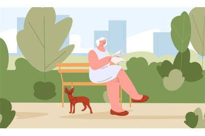 Old woman relax in green park with dog. Female character sitting on be