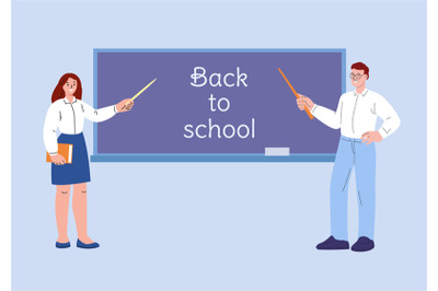 Teachers stand at blackboard&2C; welcome back to school vector characters