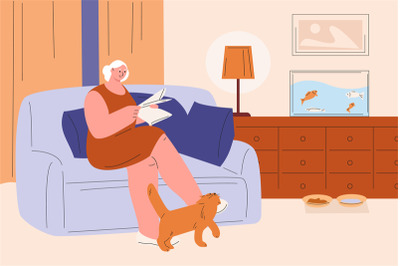 Woman reading in living room. Grandmother sitting at sofa read newspap