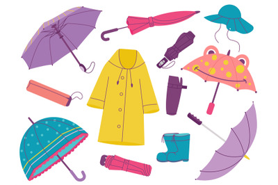 Autumn accessories, umbrella and raincoat, fall boots. Minimal style p