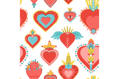 Mexican hearts background. Heart with fire and eyes, gods love symbol.