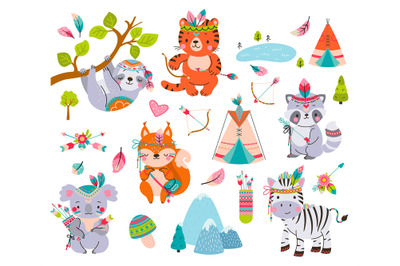 Woodland cute animal. Sweet deer koala bear, forest animals with triba