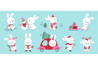 New year 2023 rabbit. Cartoon winter rabbits&2C; sweet bunny and snowman&2C;