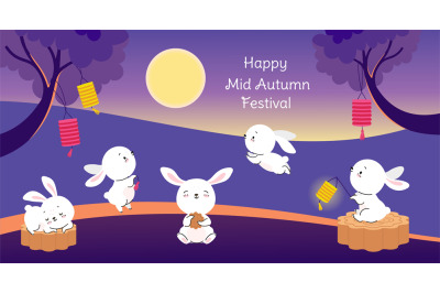 Mid autumn festival banner. Rabbits creative adventure&2C; asian rabbits