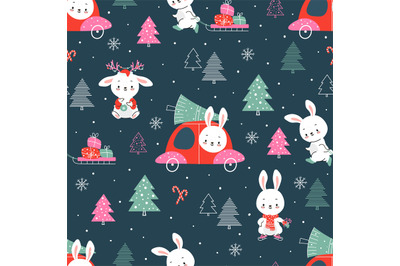 Christmas bunny seamless pattern. Winter snow bunnies print&2C; holiday x