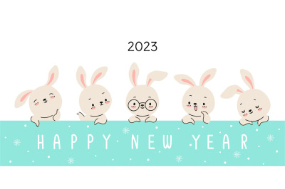 New year bunny banner. Asian holiday rabbit wealth symbols. Cute carto