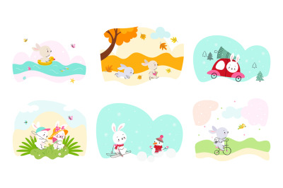 Happy cartoon bunny in different seasons. Cute fun bunnies walk in aut