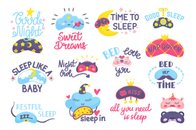 Dream mask. Bedtime elements, cute masks eyes and positive phrases. Ni