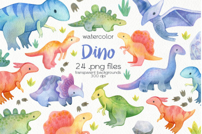 Watercolor Dinosaurs Clipart - PNG Files