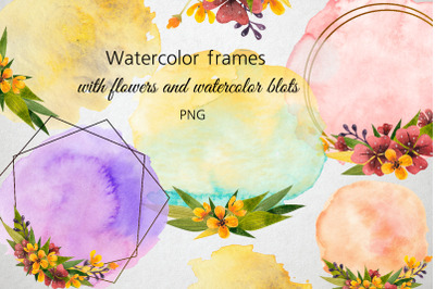Watercolor frames with flowers and watercolor blot. Oxalis