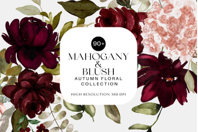 Watercolor Mahogany and Blush Floral Clipart Collection