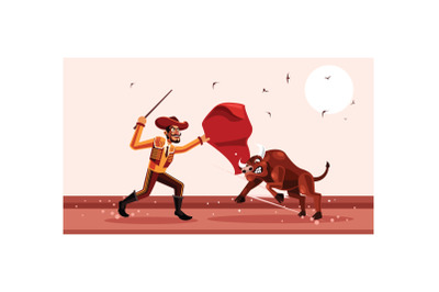 Matador and Bull Fighting Vector Illustration