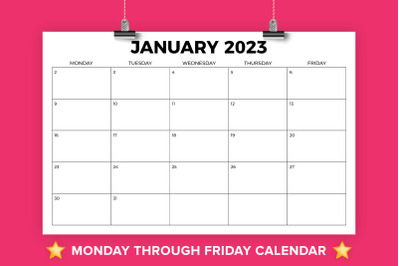 2023 11x17 Monday to Friday Calendar