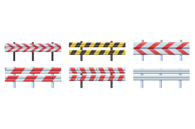 Guard rails. Highway roadside barrier, striped caution guardrail and r