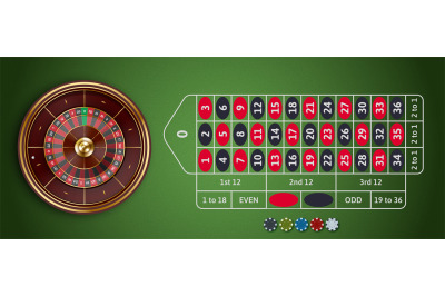 Roulette wheel game. Casino roulette green table with bets layout, cas