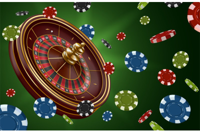 Roulette wheel banner. Gambling game with spin wheel and flying casino