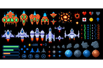 Pixel art space game elements. 8bit starships, asteroids and planets.