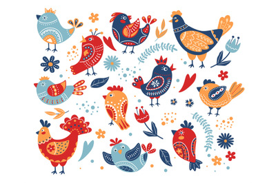 Cute birds with folk ornaments. Ethnic animals with ornamental pattern