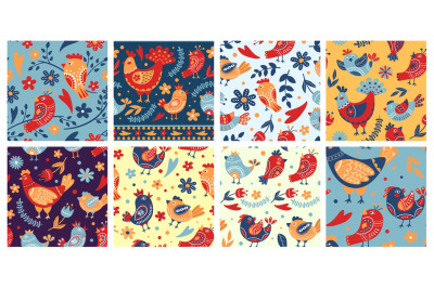 Folk birds patterns. Ethnic flowers ornament, colorful folklore bird a