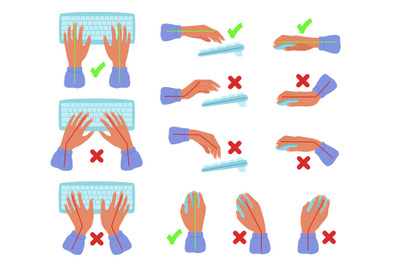 Keyboard and mouse hands posture. Correct and incorrect hand position