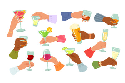 Alcohol drinks in hands. People holding glass of wine or sparkling cha