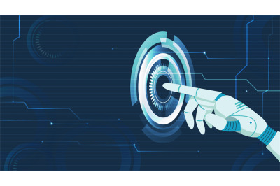 Artificial intelligence touching digital interface. Bionic hand pointi