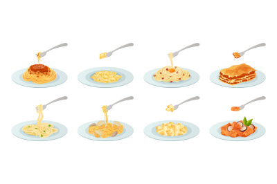 Cartoon pasta dishes. Carbonara with egg, bolognese and lasagna on for