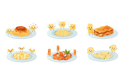 Funny pasta on plate. Happy smiling ravioli characters, lasagna on dis