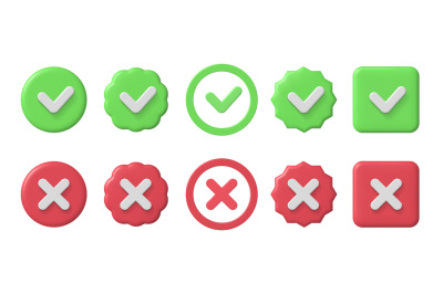 Checkmark 3d icons. Checklist green tick and red cross. Accepted and d