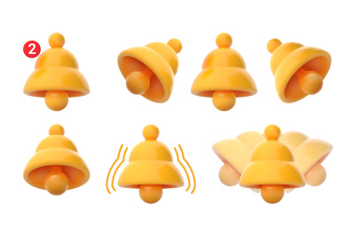 Notification bells 3D icons. Yellow bell with notifications counter, r