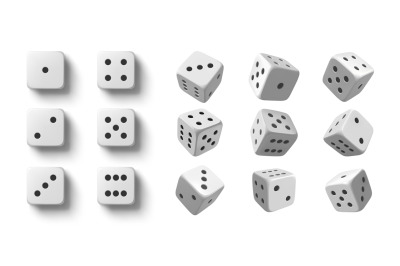 Rolling dice. White roll cubes for gamble games, top view dice sides a