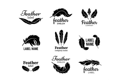 Feather emblem. Soft plume label, bird wing feathers silhouette with t