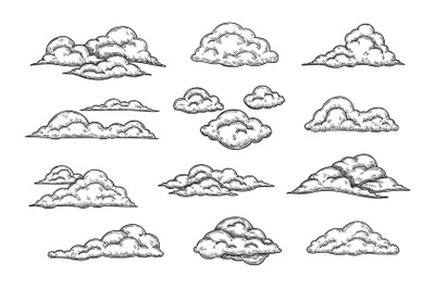 Sketch clouds. Hand drawn pencil cloudy sky&2C; retro cloud shape engravi